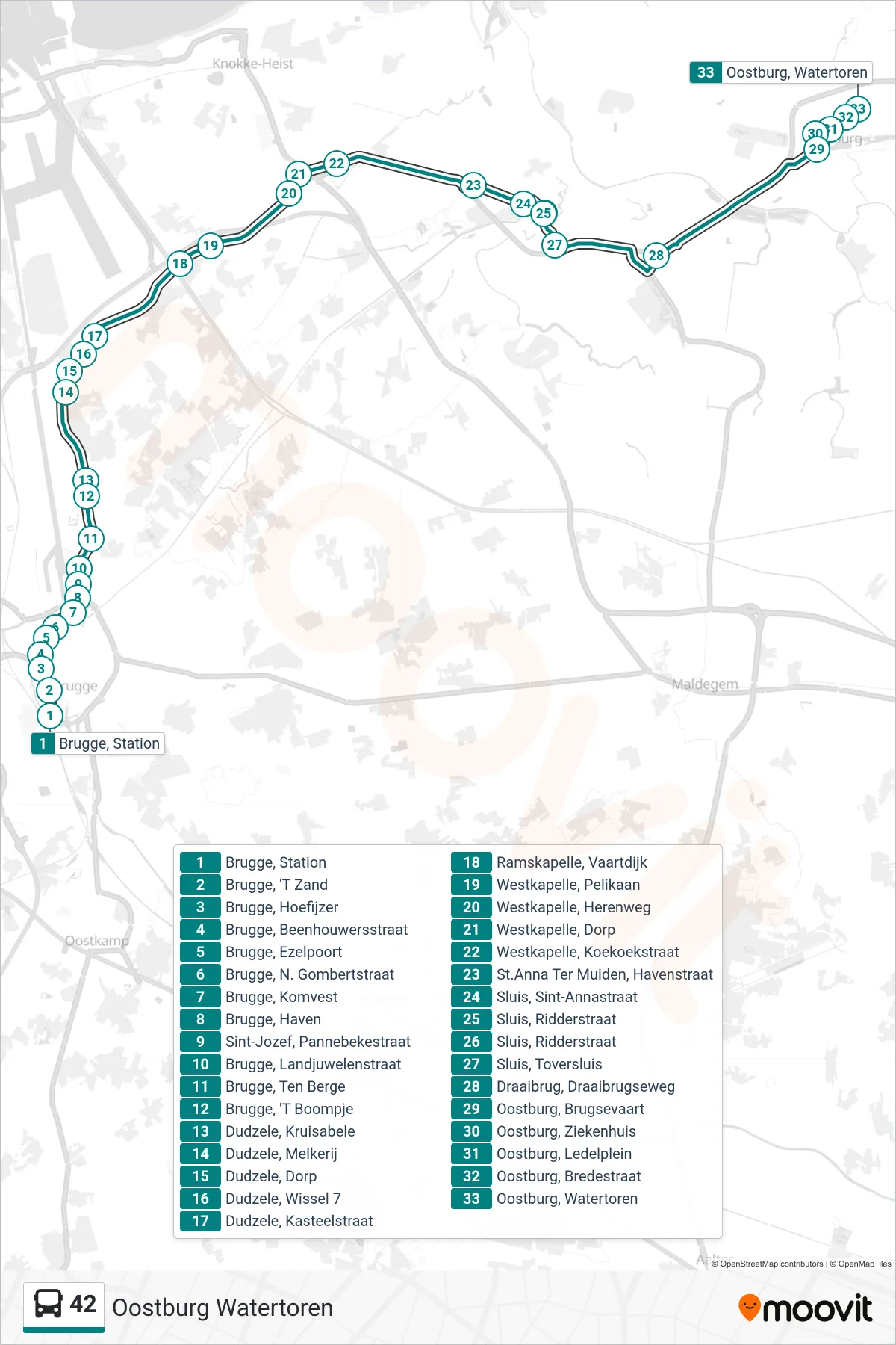 Lijn 42 (bus, Oostburg Watertoren): route en haltes op de kaart