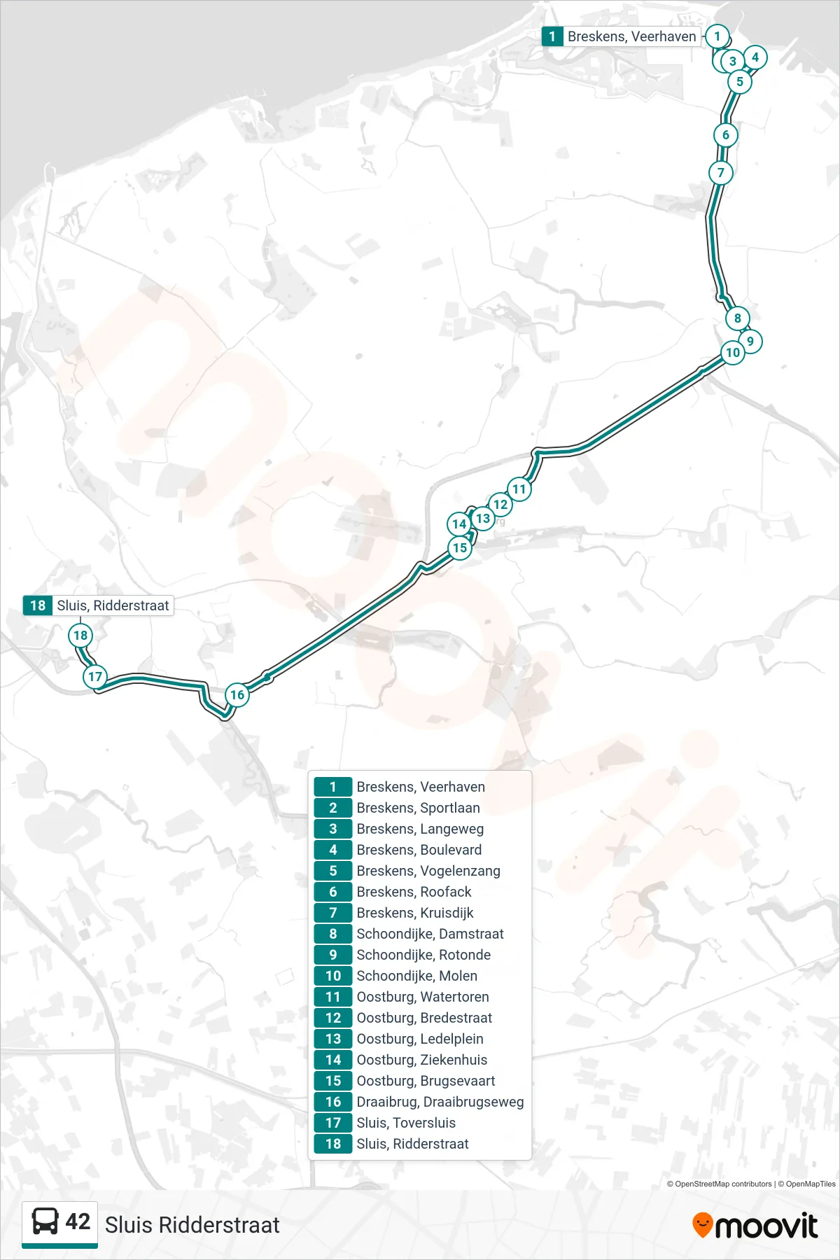 42 bus Line (Sluis Ridderstraat) route and stops on a map