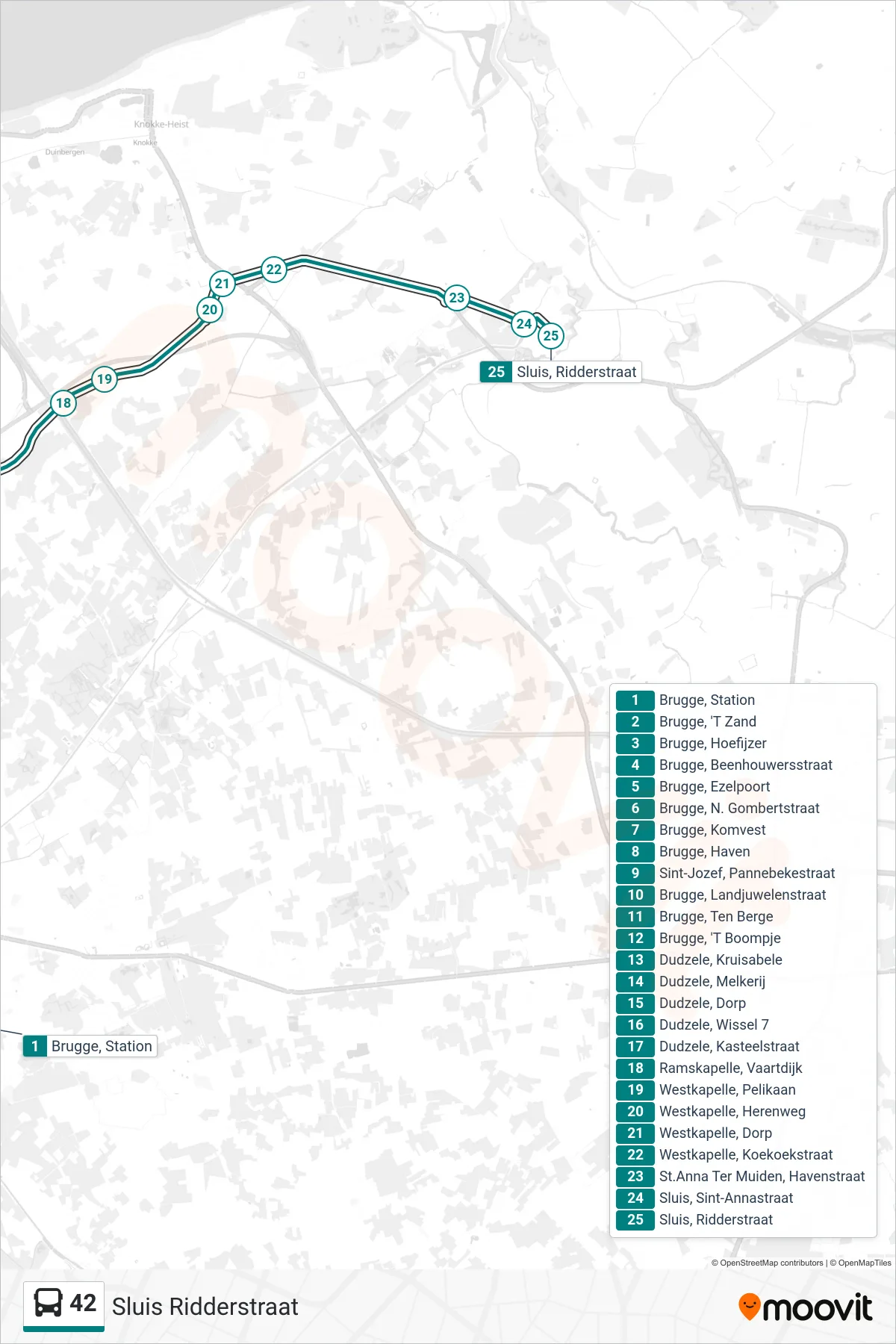 42 bus Line (Sluis Ridderstraat) route and stops on a map
