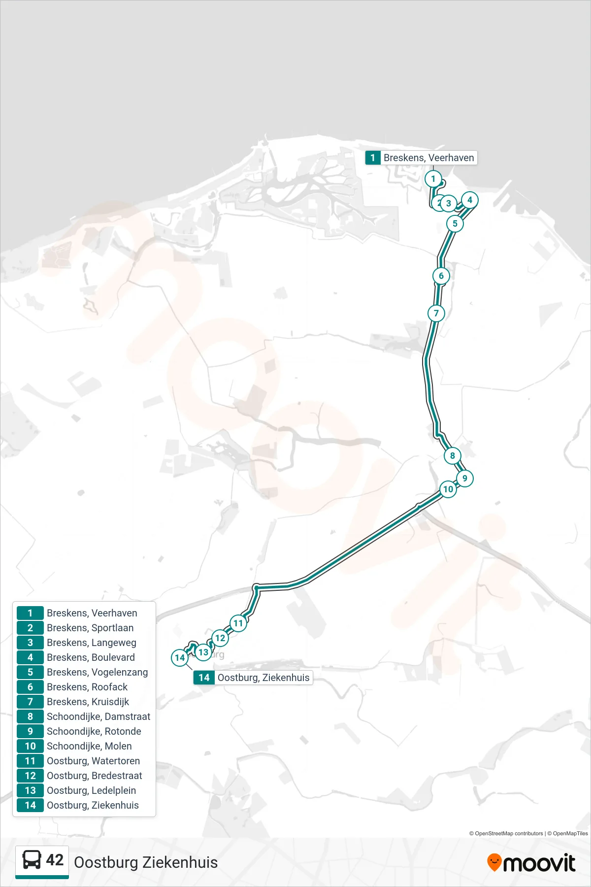 Lijn 42 (bus, Oostburg Ziekenhuis): route en haltes op de kaart