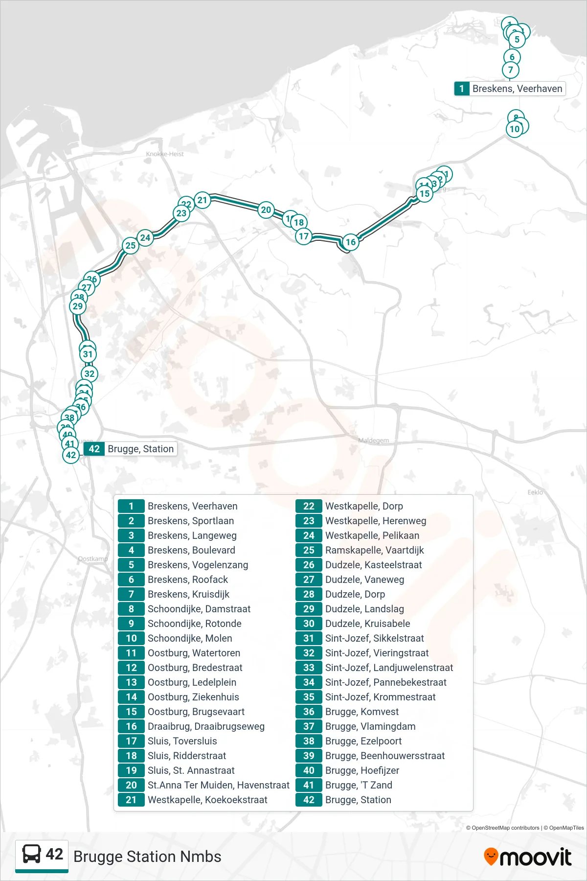 Lijn 42 (bus, Brugge Station Nmbs): route en haltes op de kaart