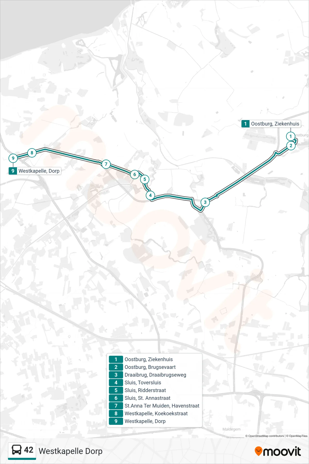42 bus Line (Westkapelle Dorp) route and stops on a map