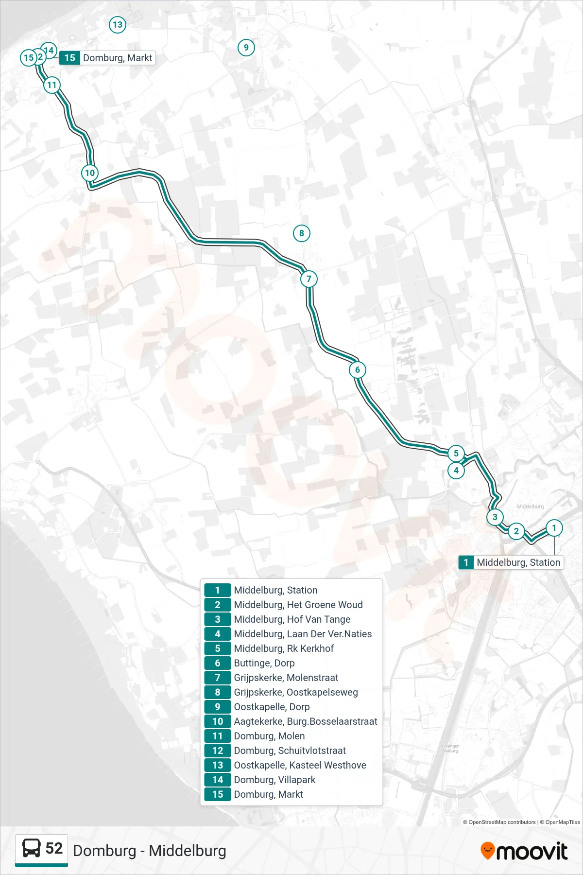 Lijn 52 (bus, Domburg Markt): route en haltes op de kaart
