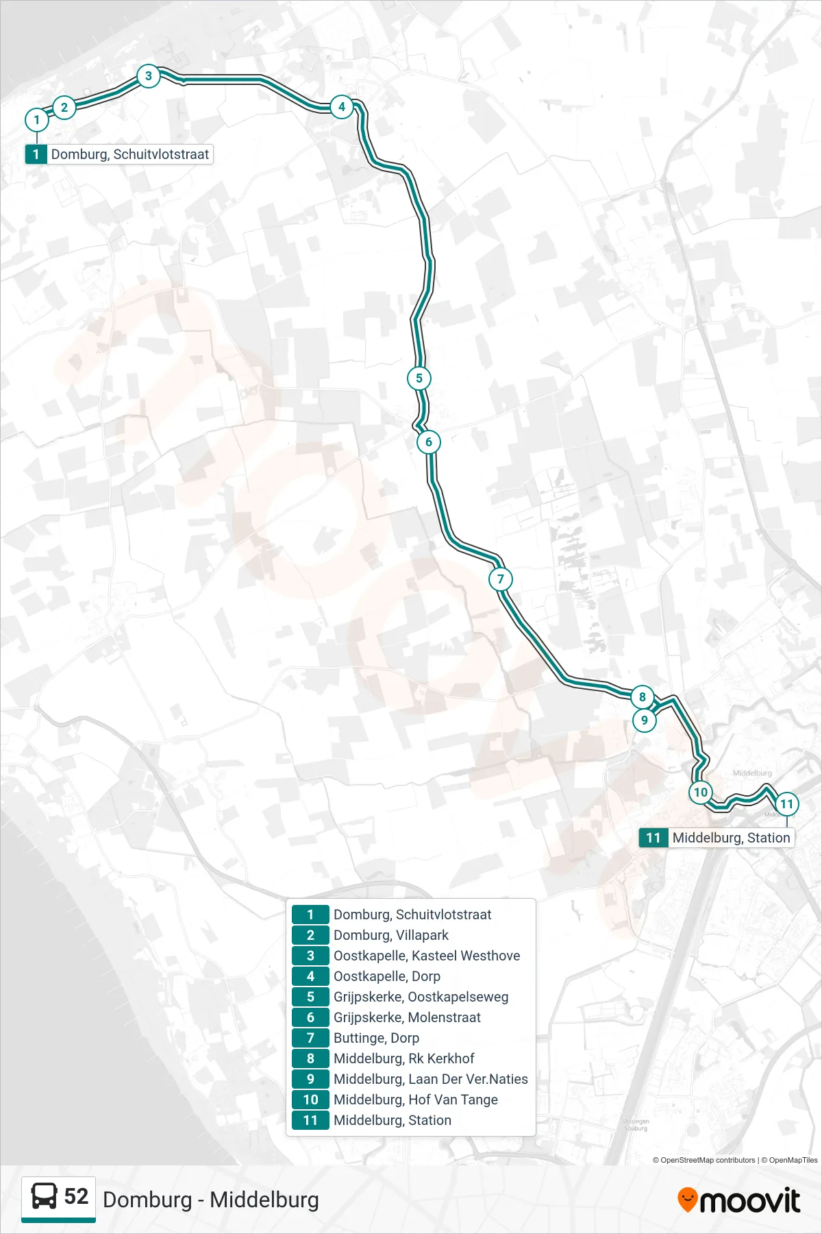 52 bus Line (Middelburg Station) route and stops on a map