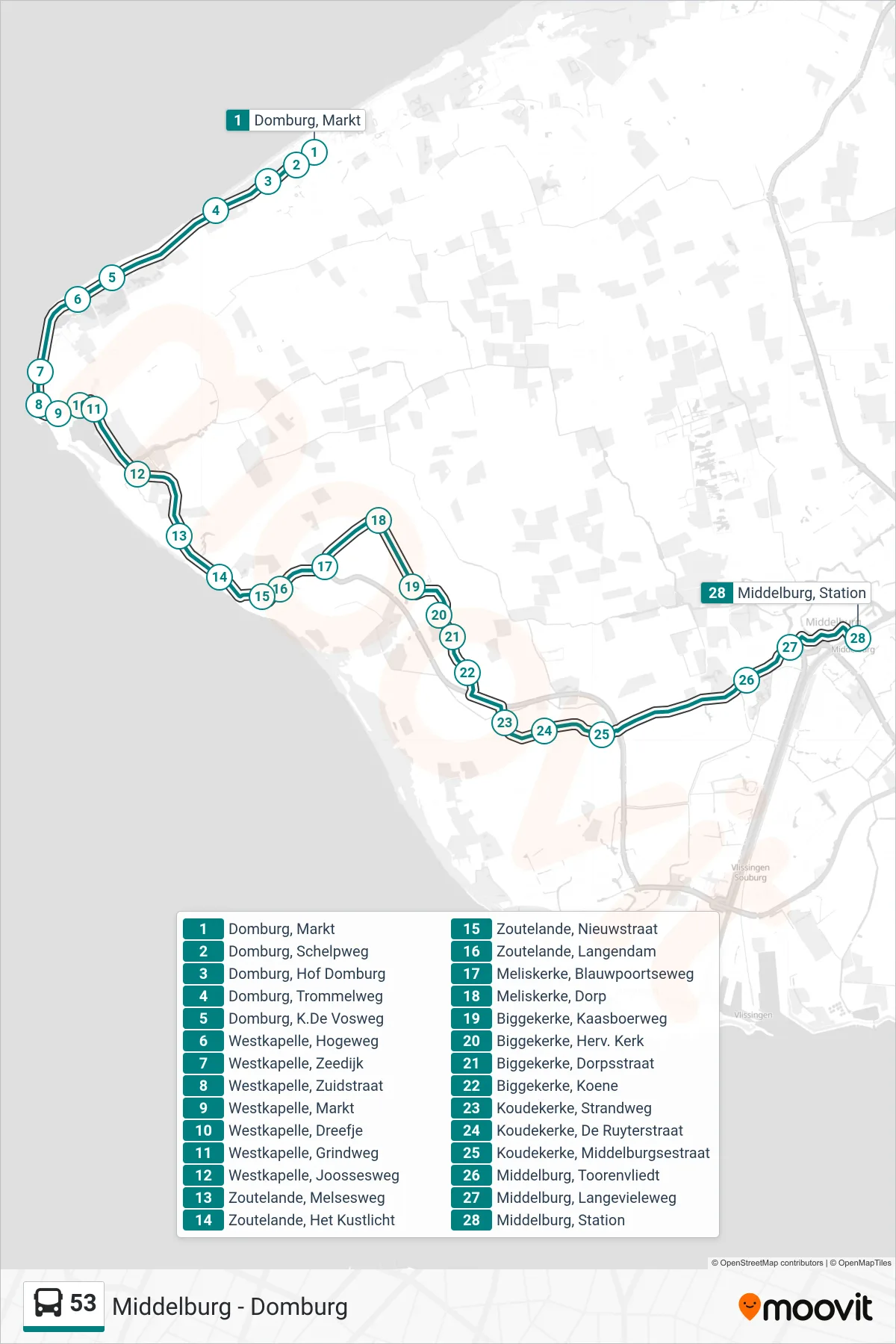 Lijn 53 (bus, Middelburg Station): route en haltes op de kaart