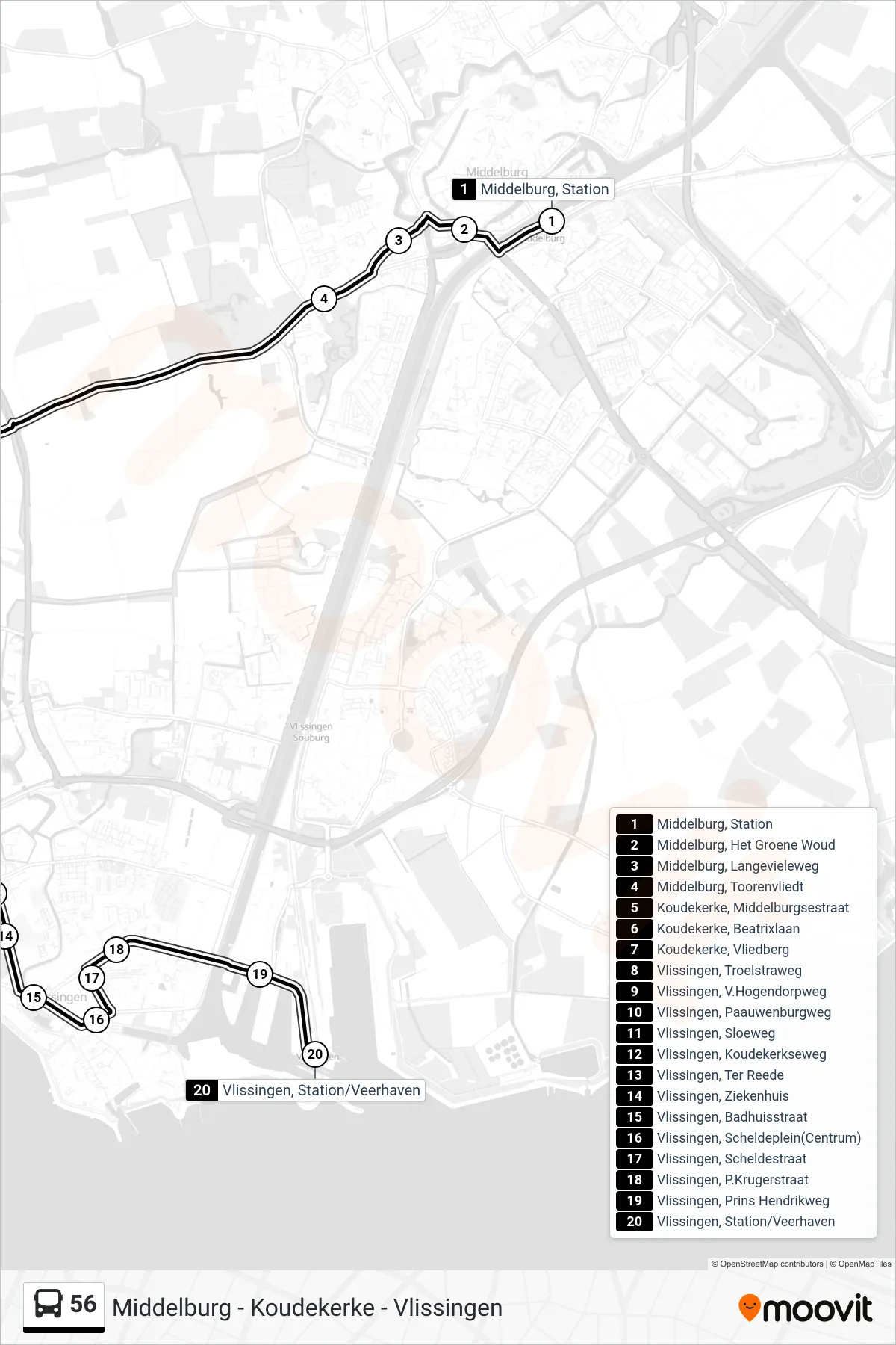 Linie 56 (Bus) Richtung Vlissingen Ns Ferry: Route und Haltestellen auf der Karte