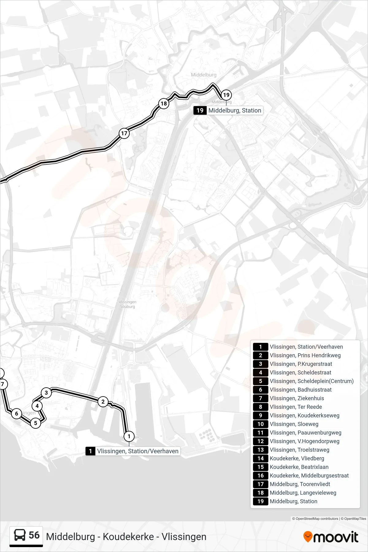 Lijn 56 (bus, Middelburg Station): route en haltes op de kaart