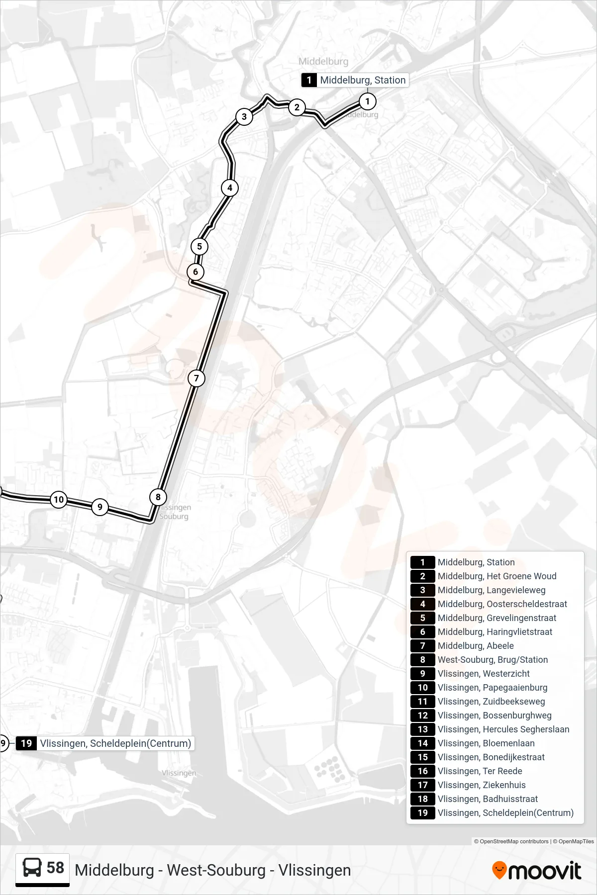 Lijn 58 (bus, Vlissingen Scheldeplein (C)): route en haltes op de kaart