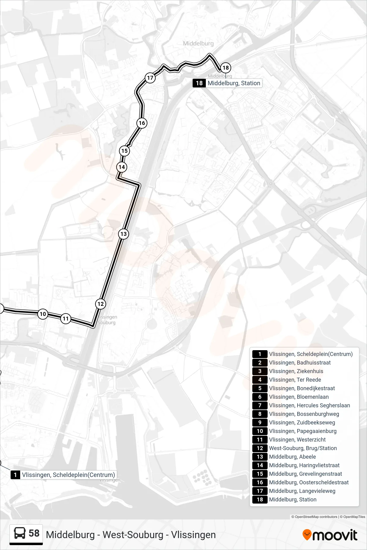 Lijn 58 (bus, Middelburg Station): route en haltes op de kaart