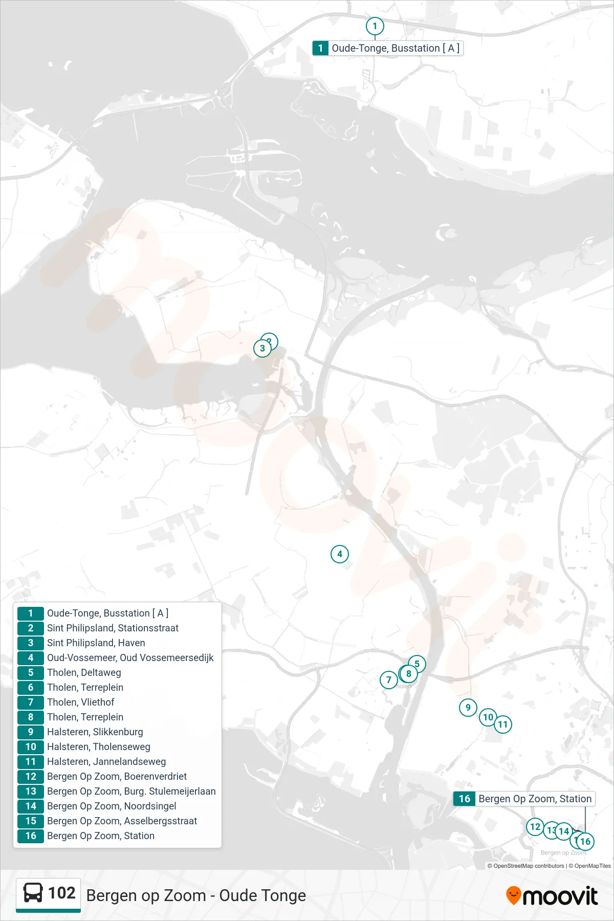 102 bus Line (Bergen Op Zoom) route and stops on a map