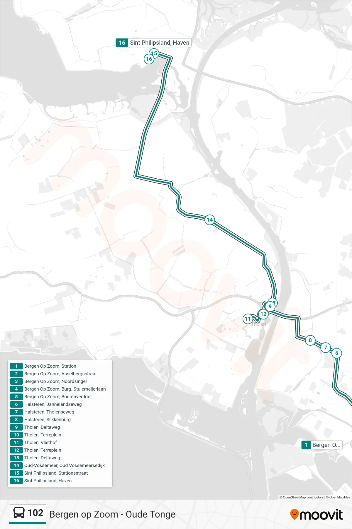 Lijn 102 (bus, St.Philipsland Haven): route en haltes op de kaart