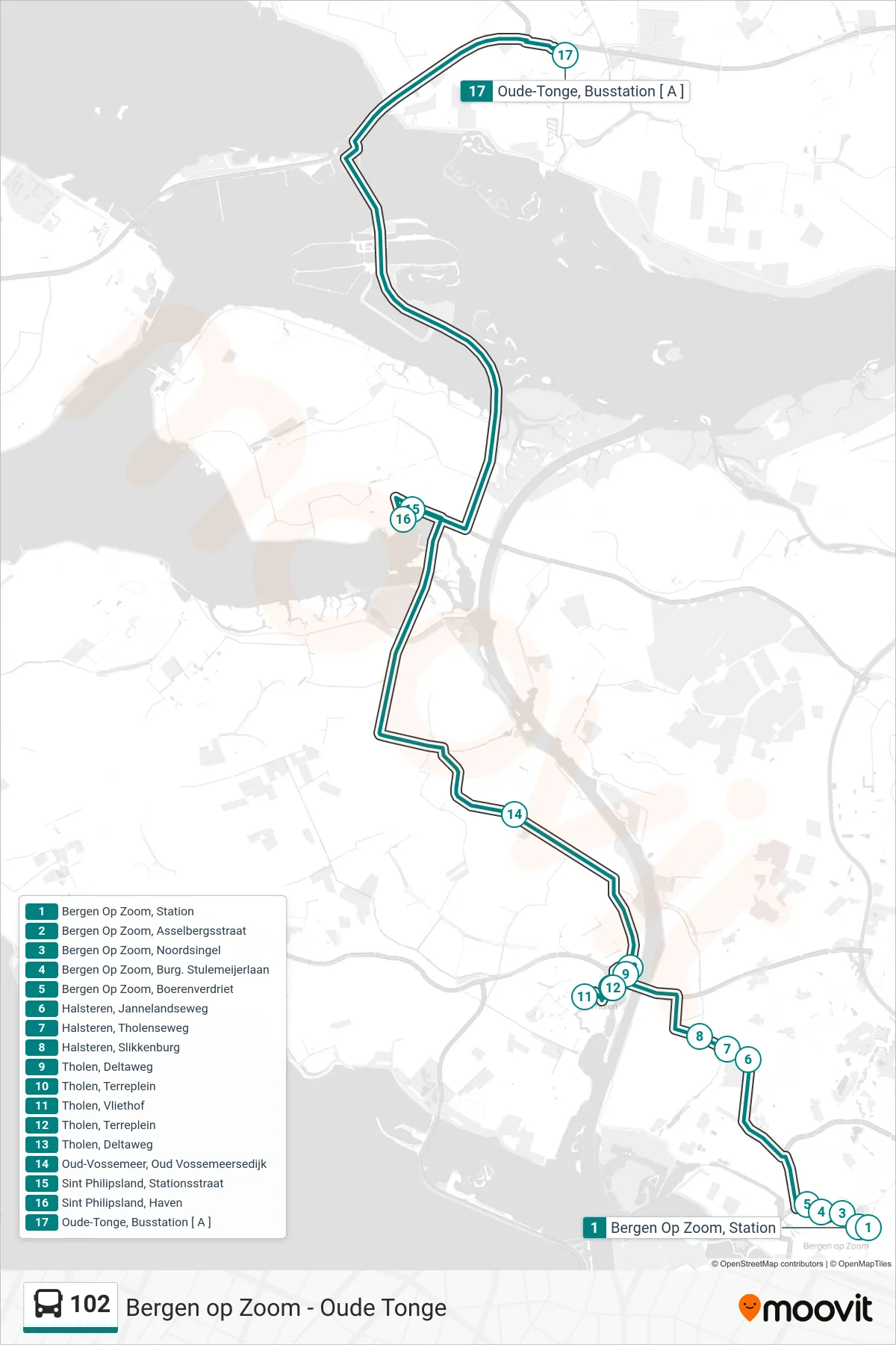 102 bus Line (Oude-Tonge Busstation) route and stops on a map
