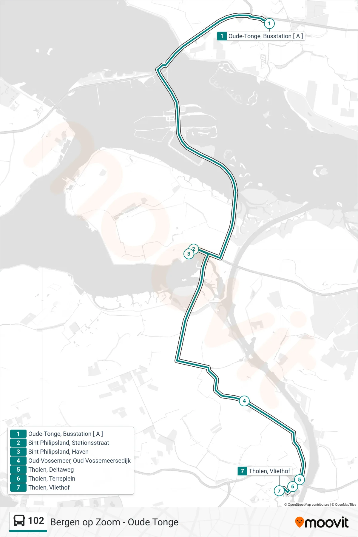 Lijn 102 (bus, Tholen Vliethof): route en haltes op de kaart