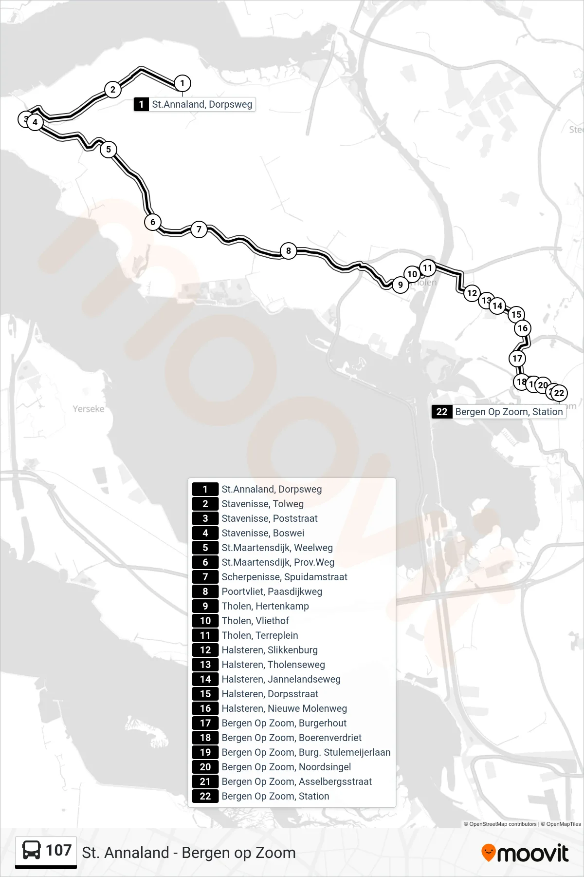 Lijn 107 (bus, Bergen Op Zoom Station): route en haltes op de kaart