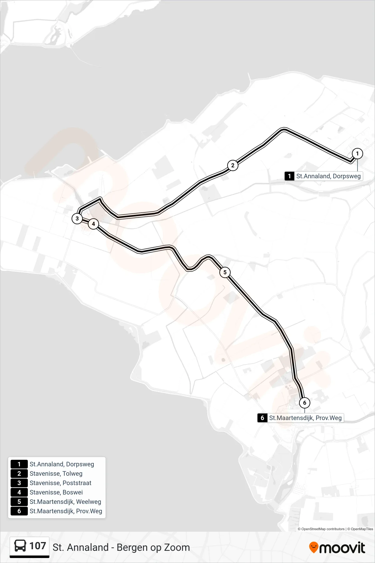 Lijn 107 (bus, St.Maartensdijk Prov.Weg): route en haltes op de kaart