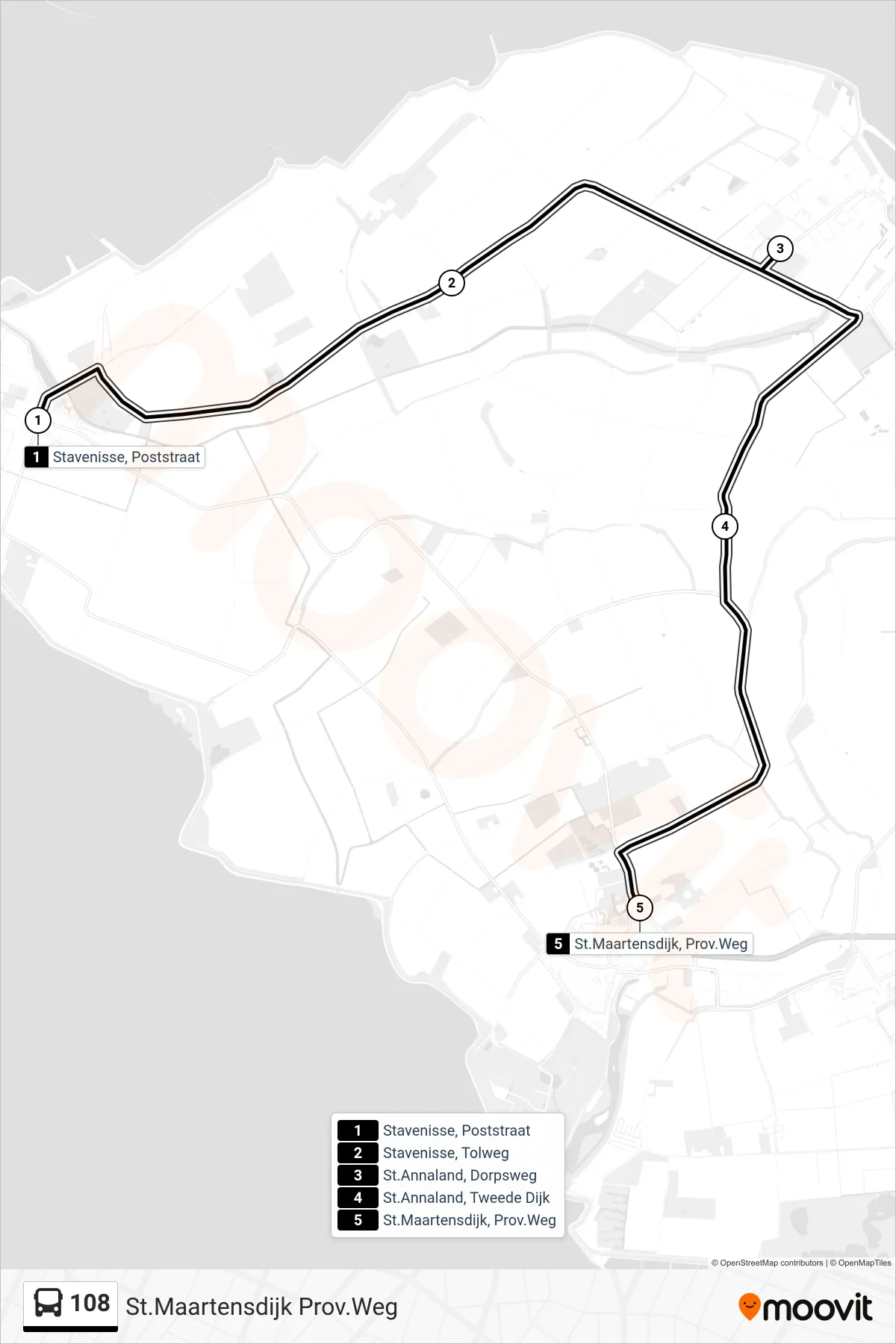 Lijn 108 (bus, St.Maartensdijk Prov.Weg): route en haltes op de kaart