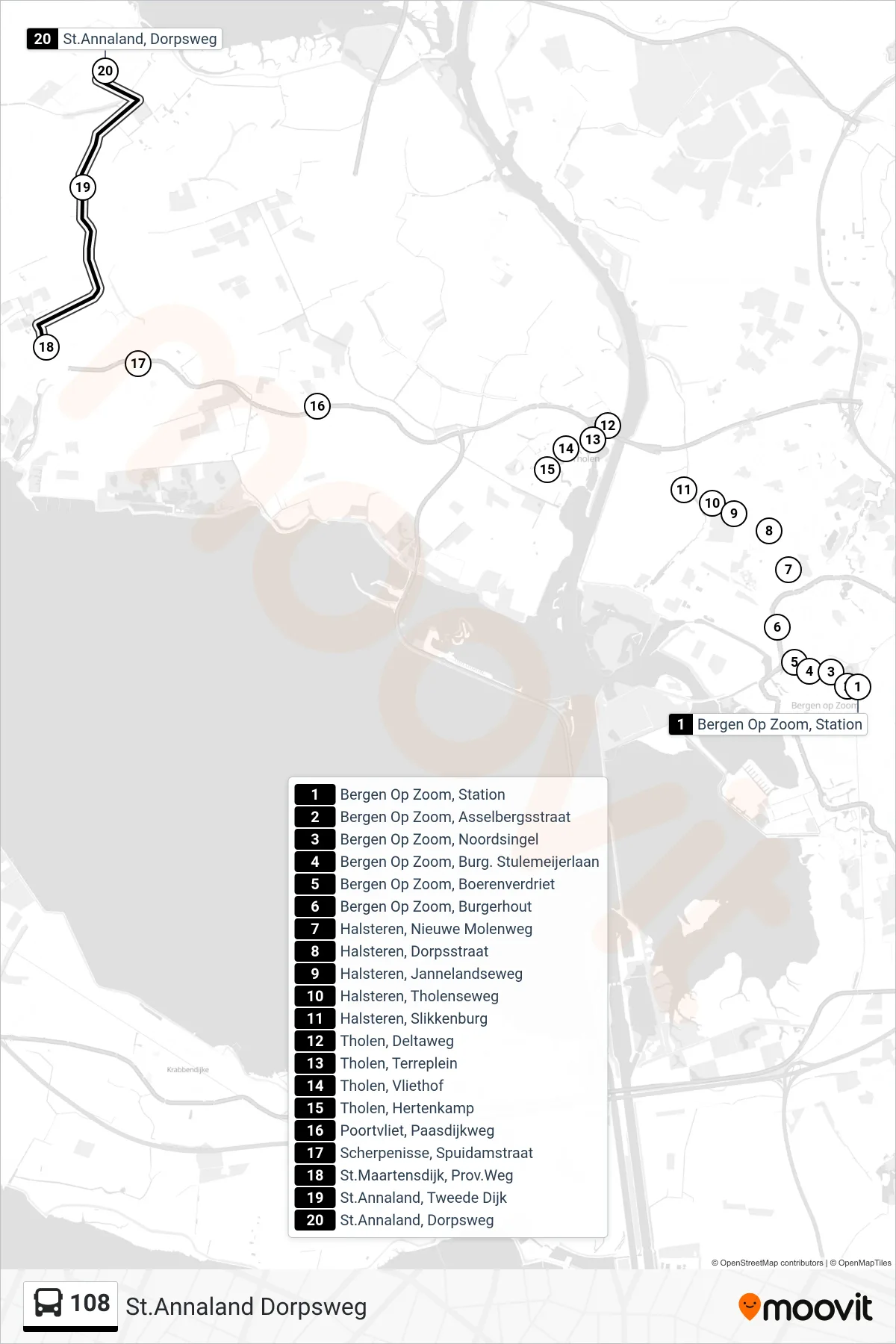 108 bus Line (St.Annaland Dorpsweg) route and stops on a map