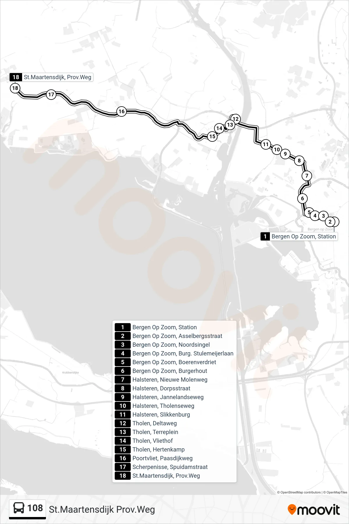 Lijn 108 (bus, St.Maartensdijk Prov.Weg): route en haltes op de kaart