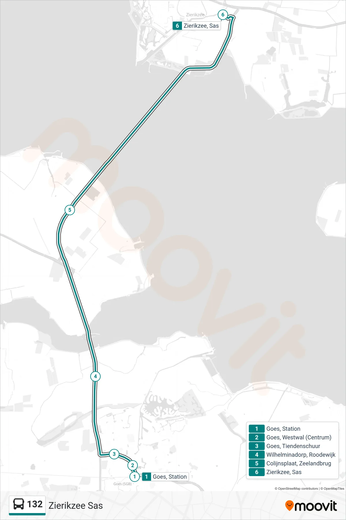 Lijn 132 (bus, Zierikzee Sas): route en haltes op de kaart