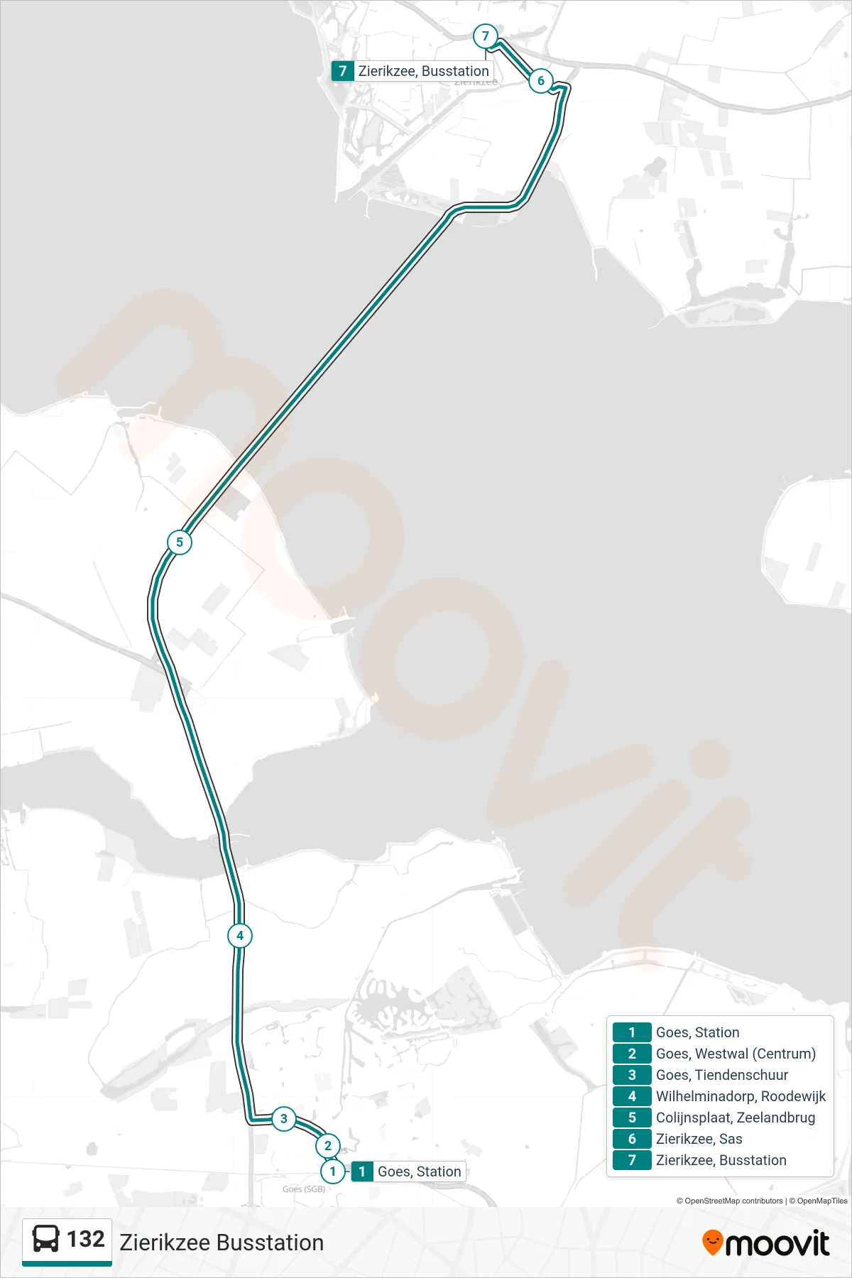 Lijn 132 (bus, Zierikzee Busstation): route en haltes op de kaart