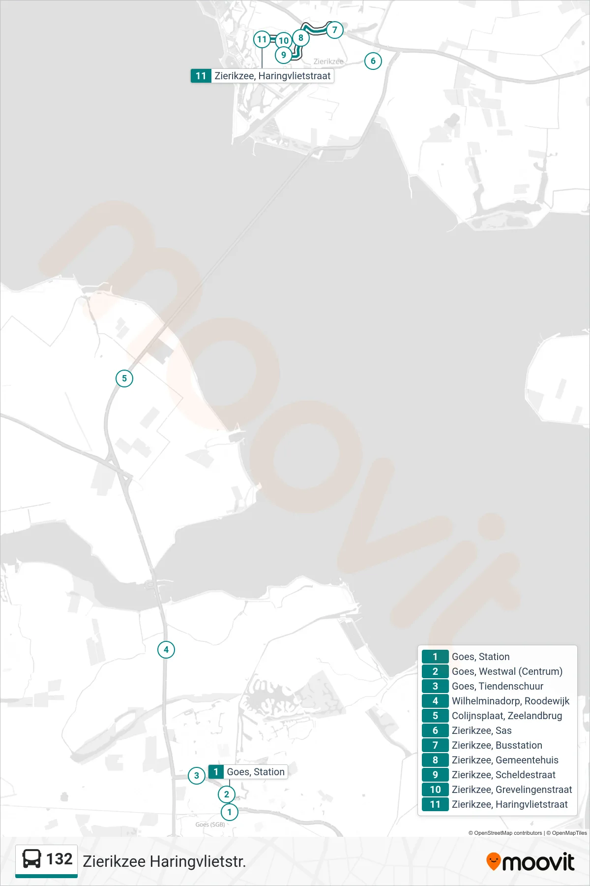 Lijn 132 (bus, Zierikzee Haringvlietstr.): route en haltes op de kaart