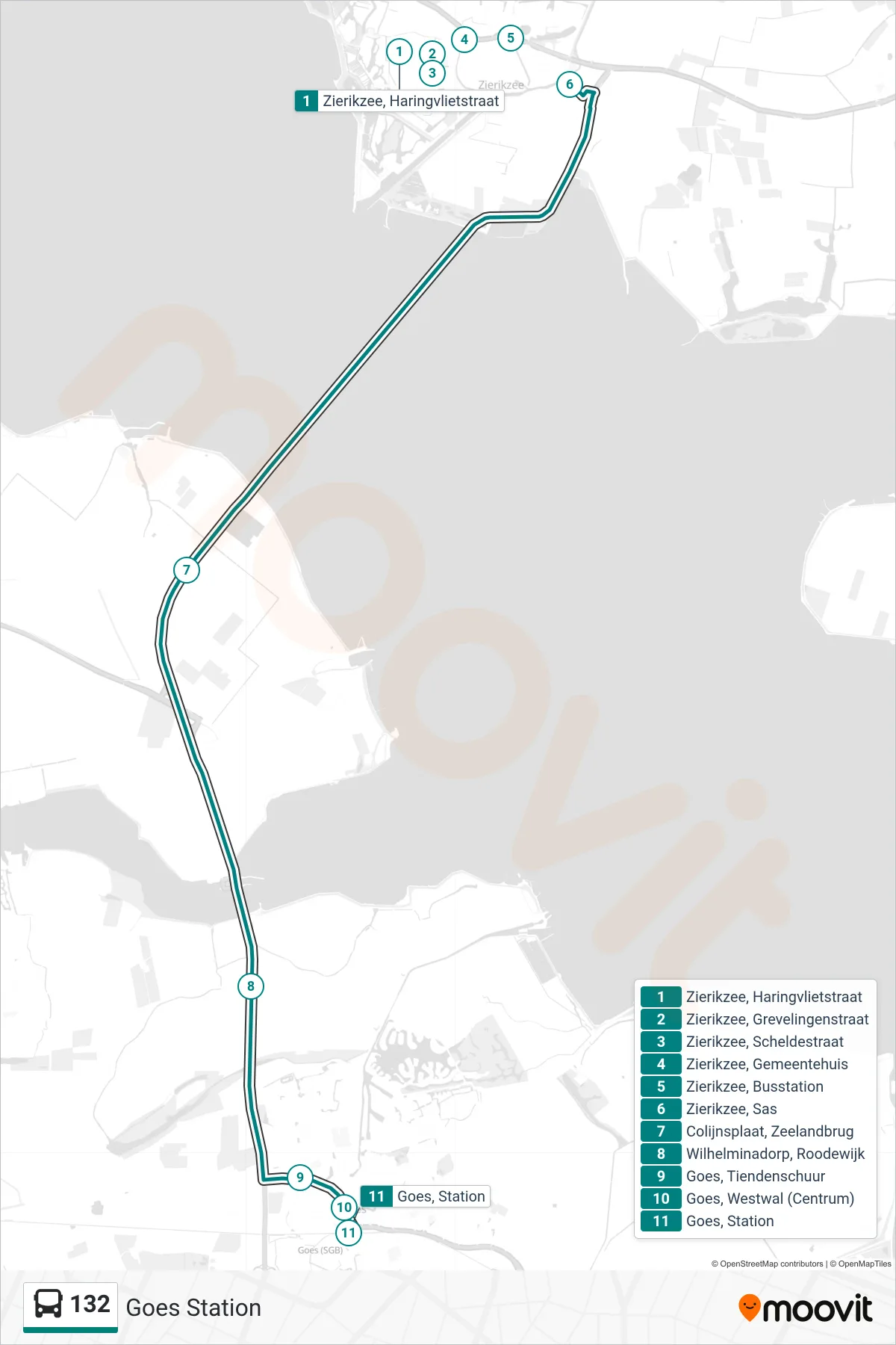 Lijn 132 (bus, Goes Station): route en haltes op de kaart