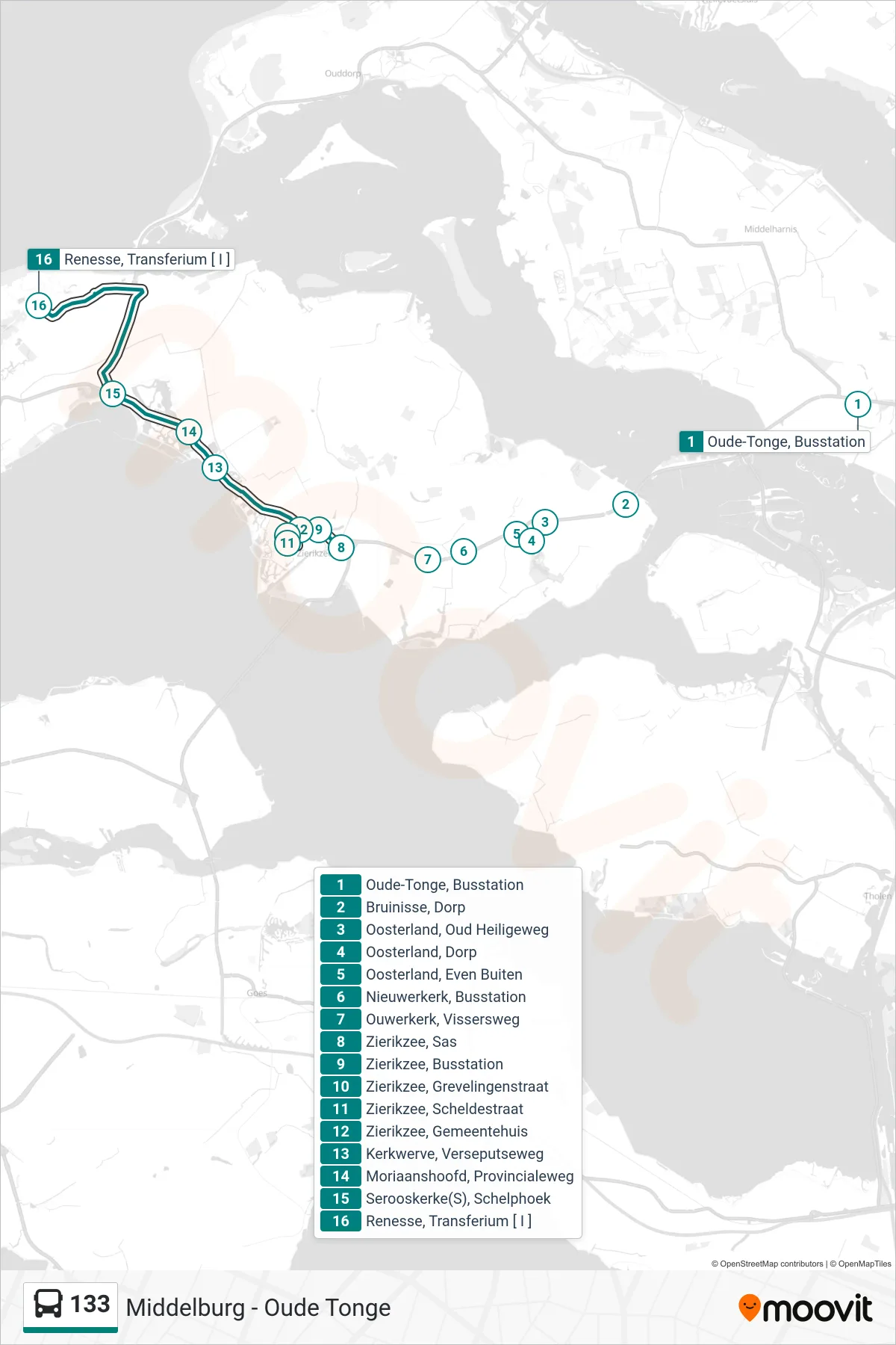 Lijn 133 (bus, Renesse Transferium): route en haltes op de kaart