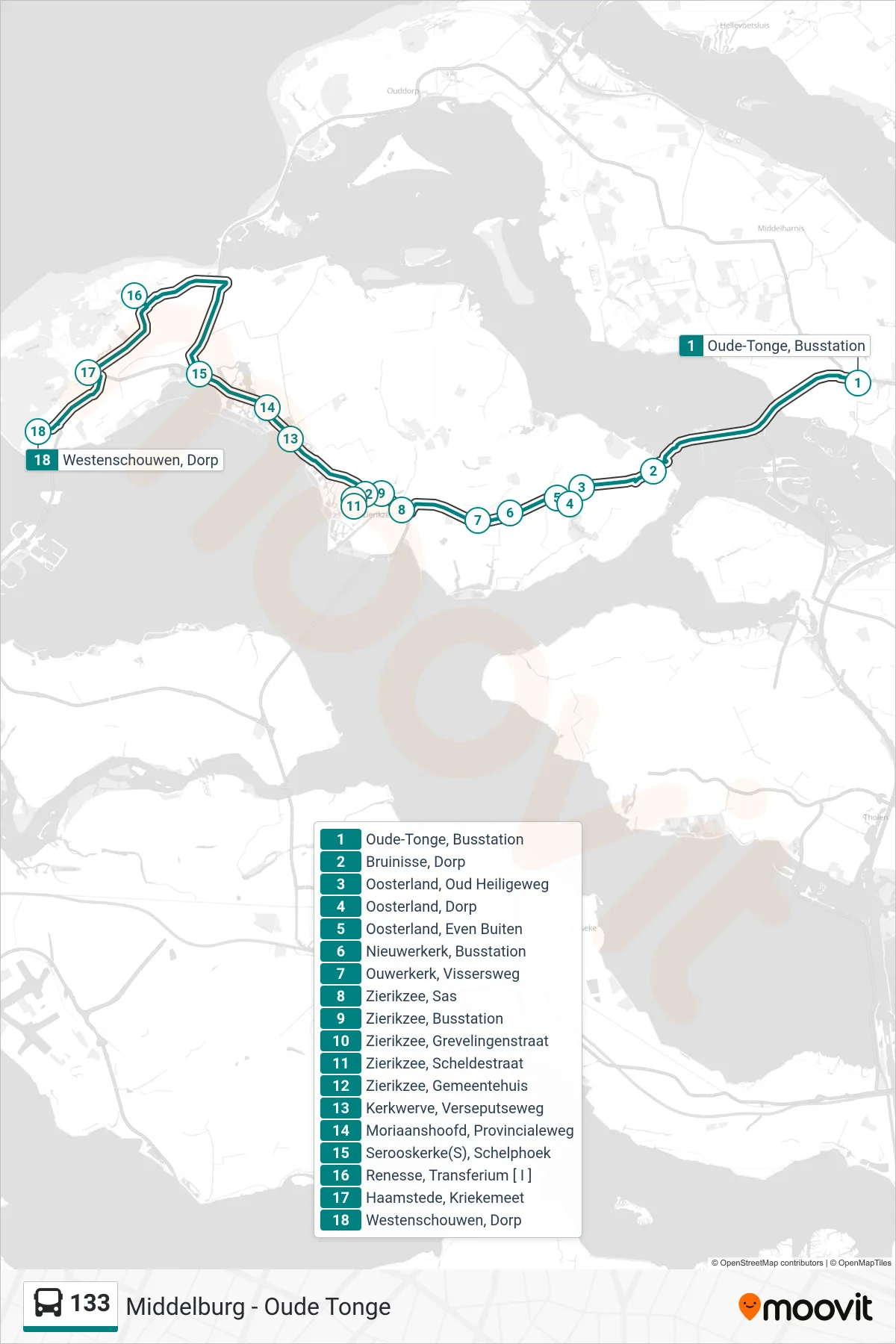 Lijn 133 (bus, Westenschouwen Dorp): route en haltes op de kaart