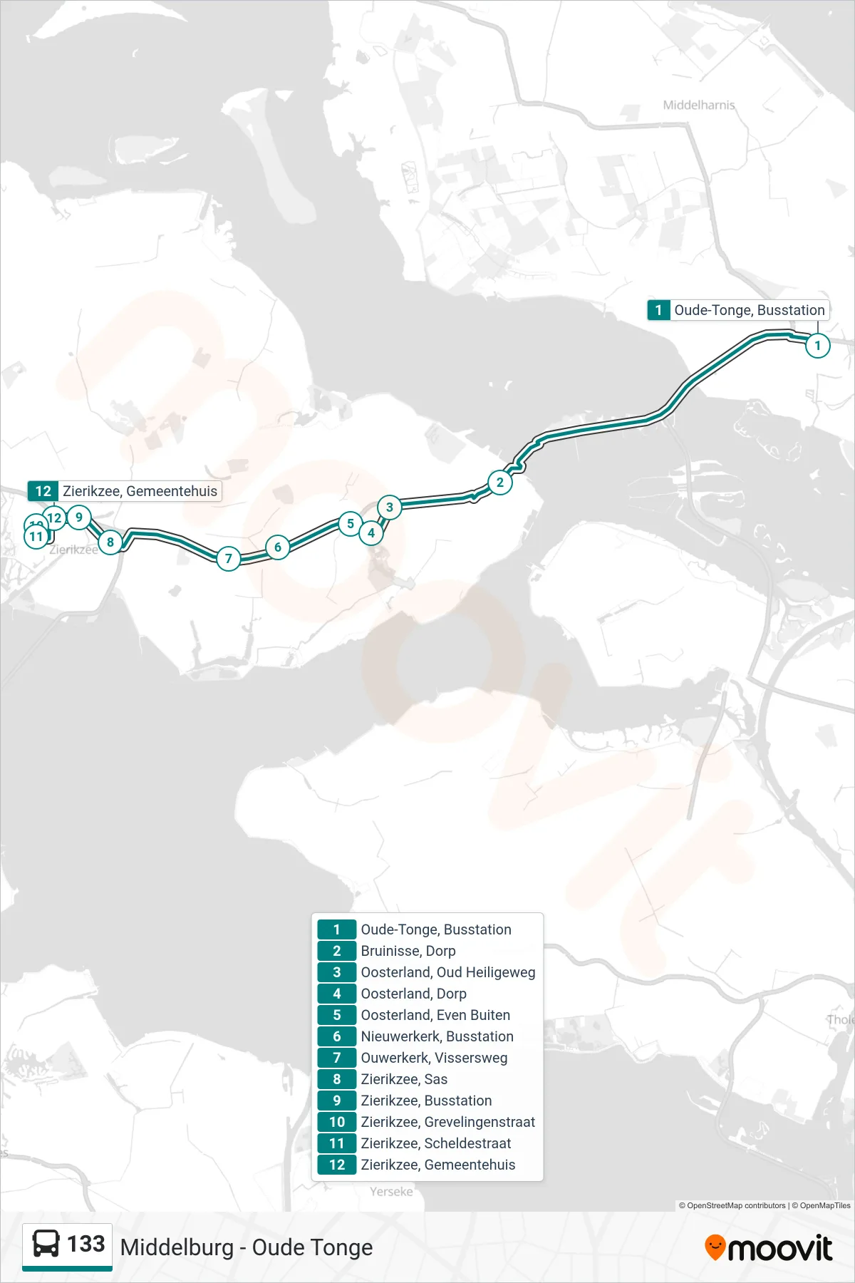 133 bus Line (Zierikzee Gemeentehuis) route and stops on a map