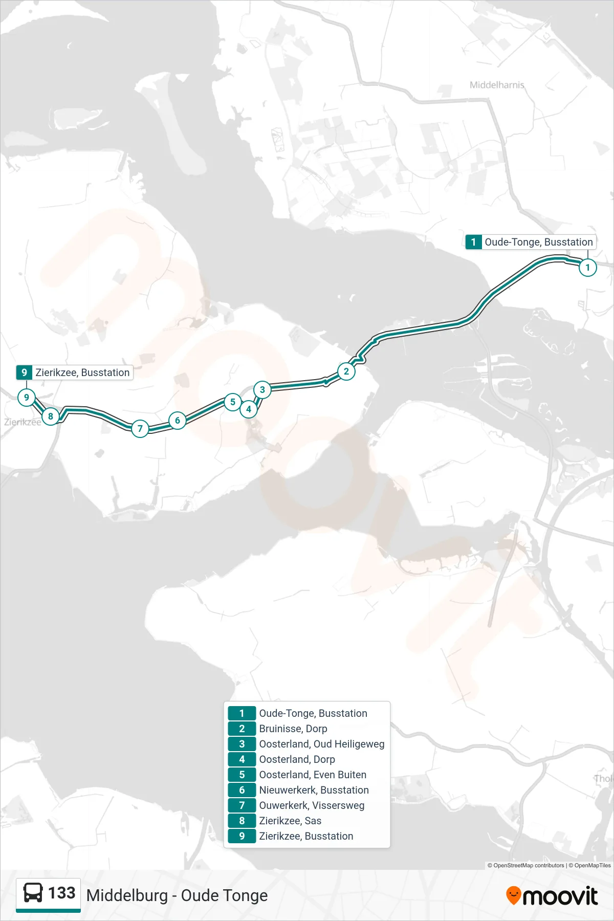 Lijn 133 (bus, Zierikzee Busstation): route en haltes op de kaart