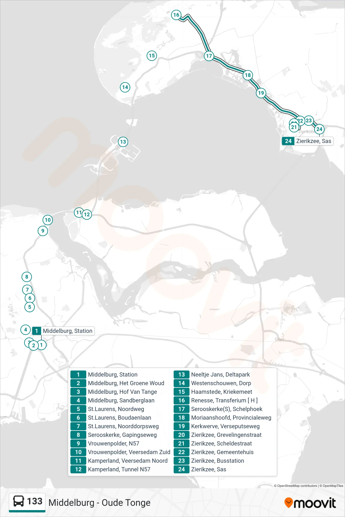 Lijn 133 (bus, Zierikzee Sas): route en haltes op de kaart
