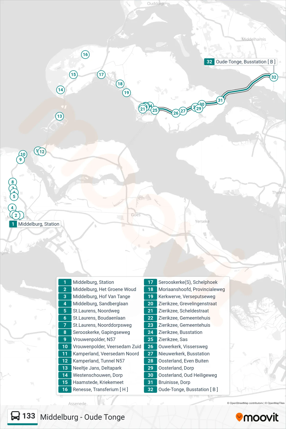 Lijn 133 (bus, Oude-Tonge Busstation): route en haltes op de kaart