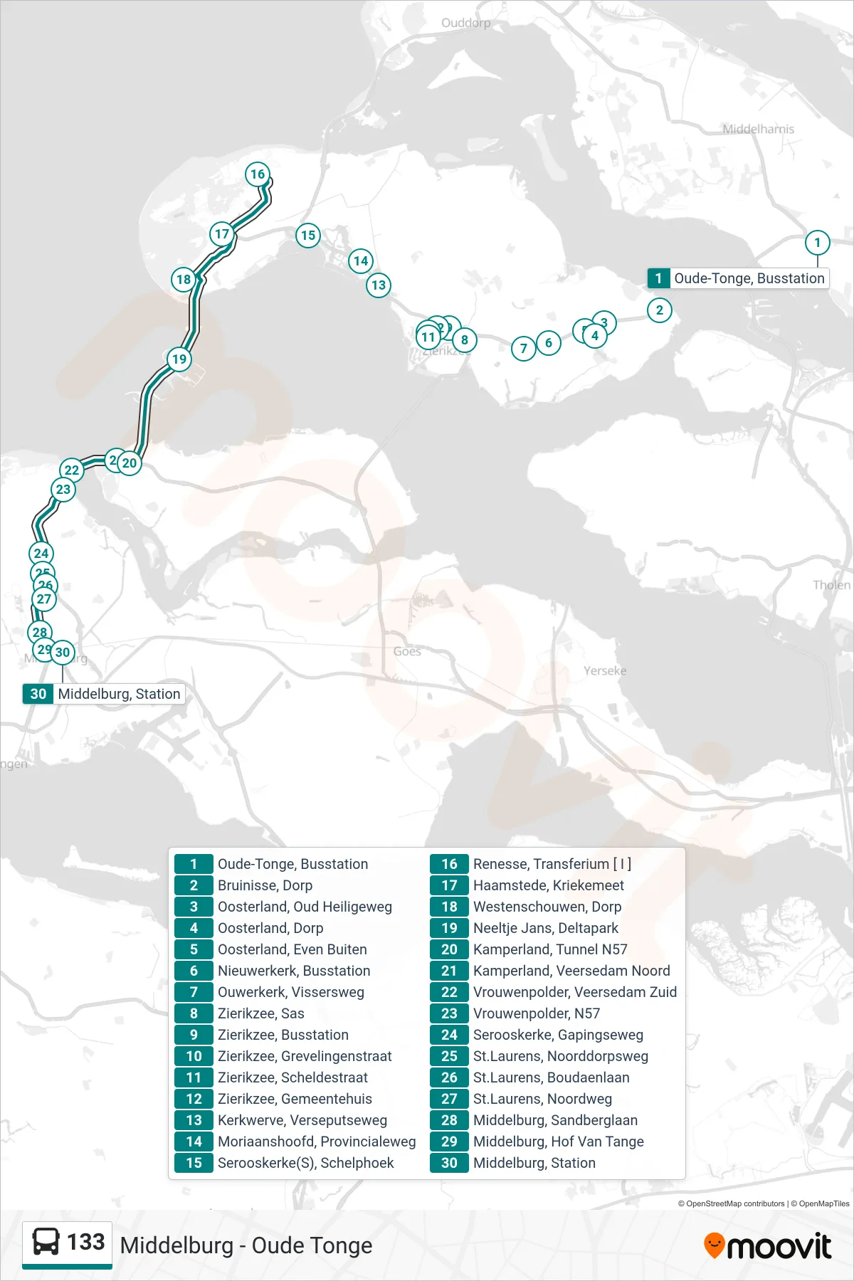 133 bus Line (Middelburg Station) route and stops on a map