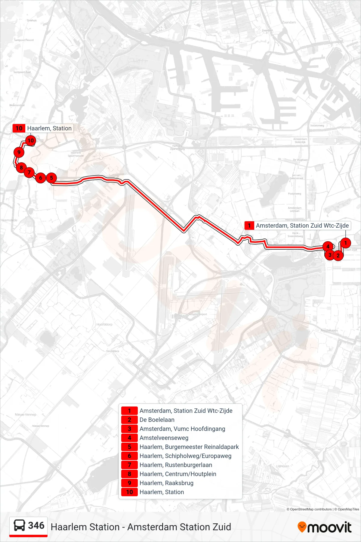 Lijn 346 (bus, Haarlem Station): route en haltes op de kaart
