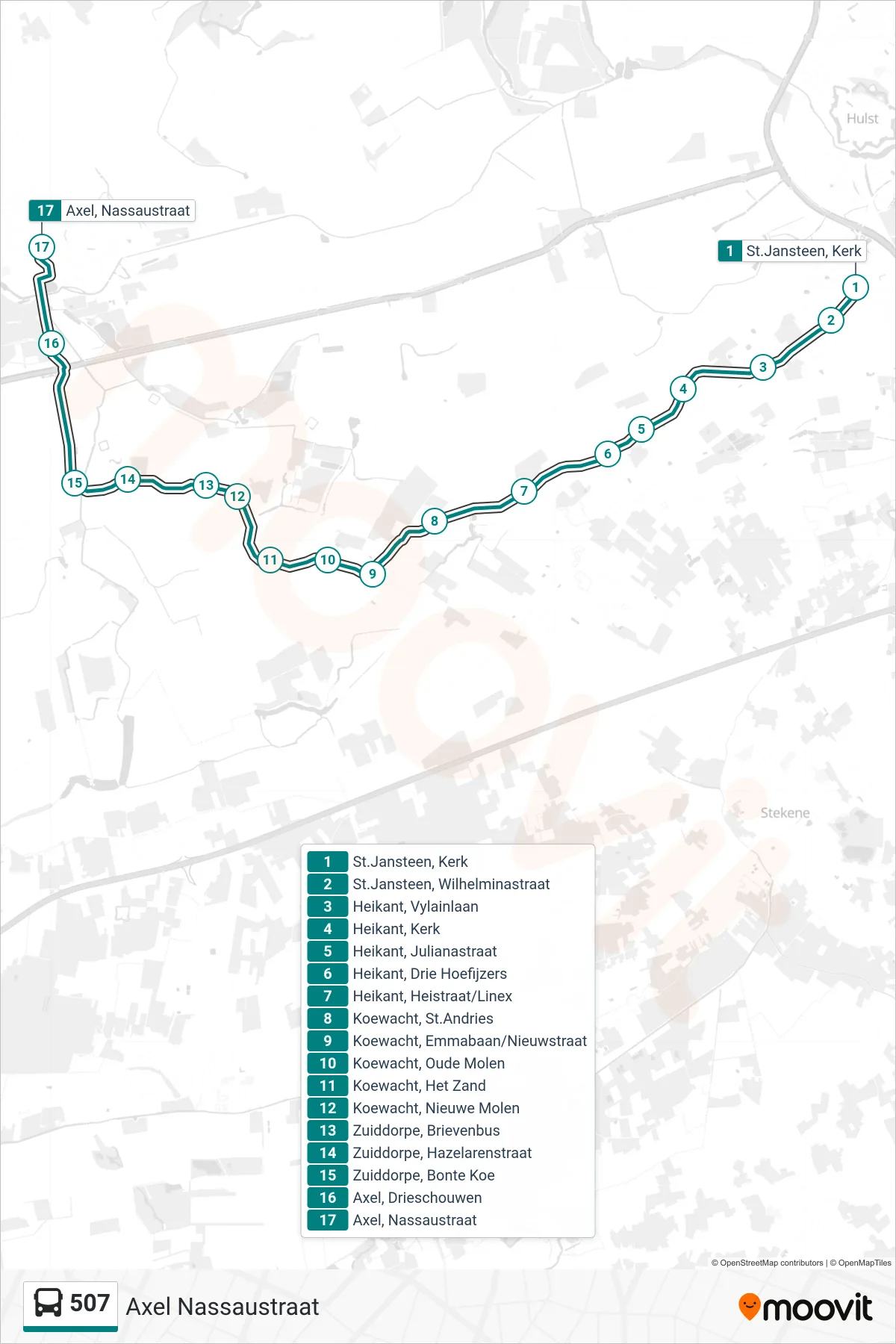 Lijn 507 (bus, Axel Nassaustraat): route en haltes op de kaart