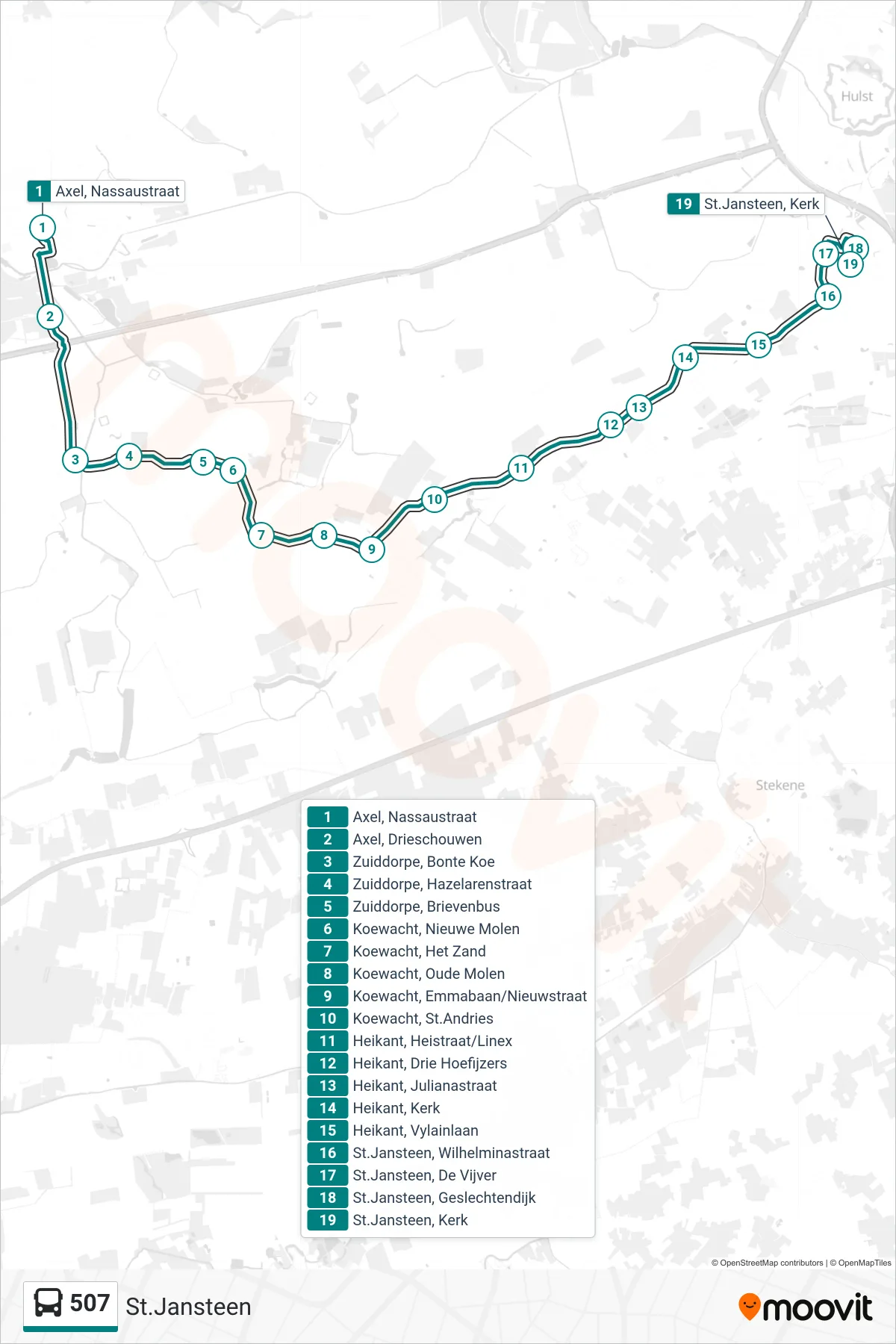 507 bus Line (St.Jansteen) route and stops on a map