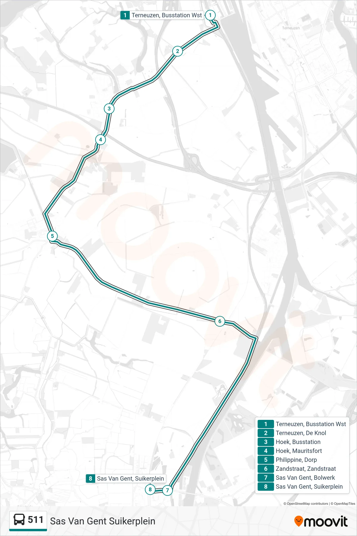 Lijn 511 (bus, Sas Van Gent Suikerplein): route en haltes op de kaart
