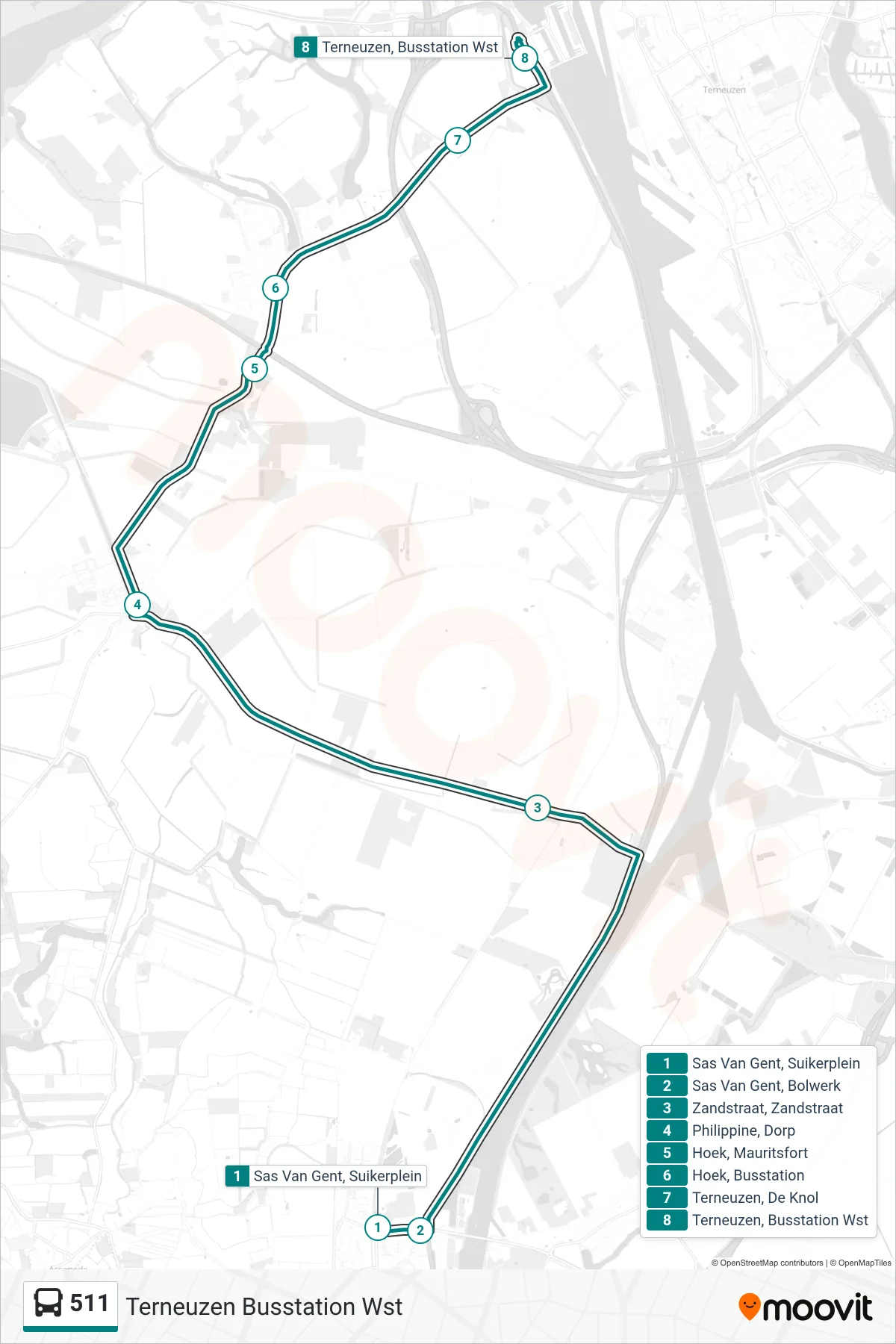 Lijn 511 (bus, Terneuzen Busstation Wst): route en haltes op de kaart