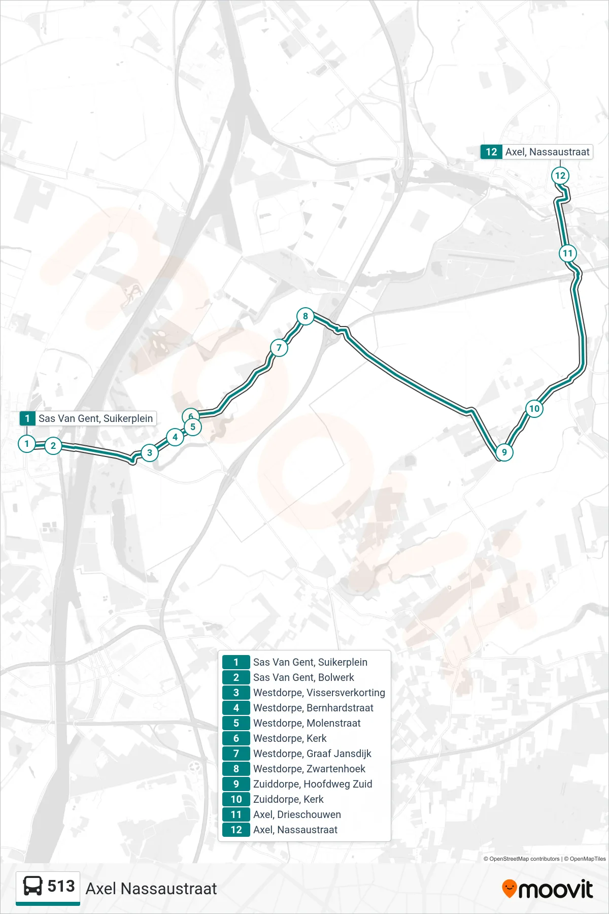 Lijn 513 (bus, Axel Nassaustraat): route en haltes op de kaart