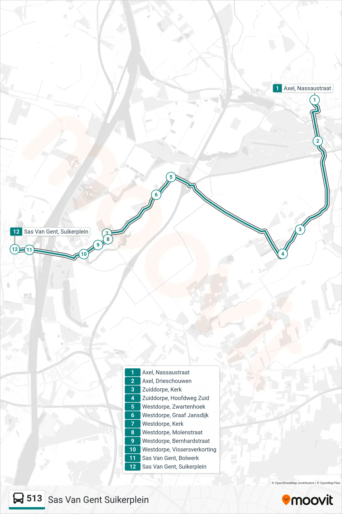Linie 513 (Bus) Richtung Sas Van Gent Suikerplein: Route und Haltestellen auf der Karte