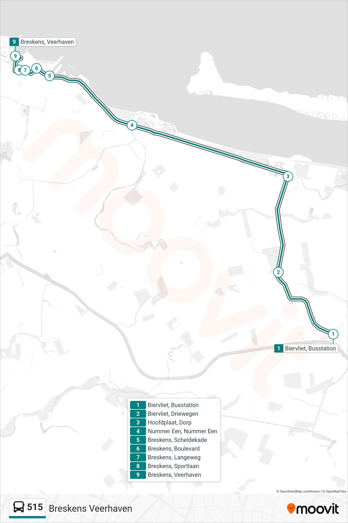 Lijn 515 (bus, Breskens Veerhaven): route en haltes op de kaart