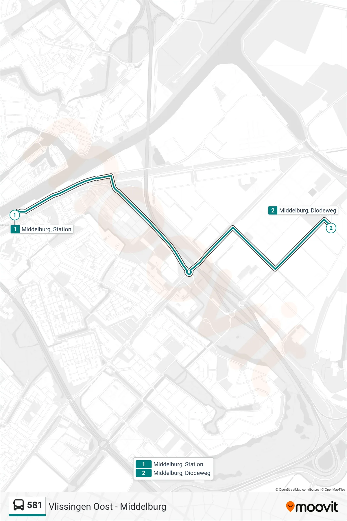 Lijn 581 (bus, Middelburg Diodeweg): route en haltes op de kaart
