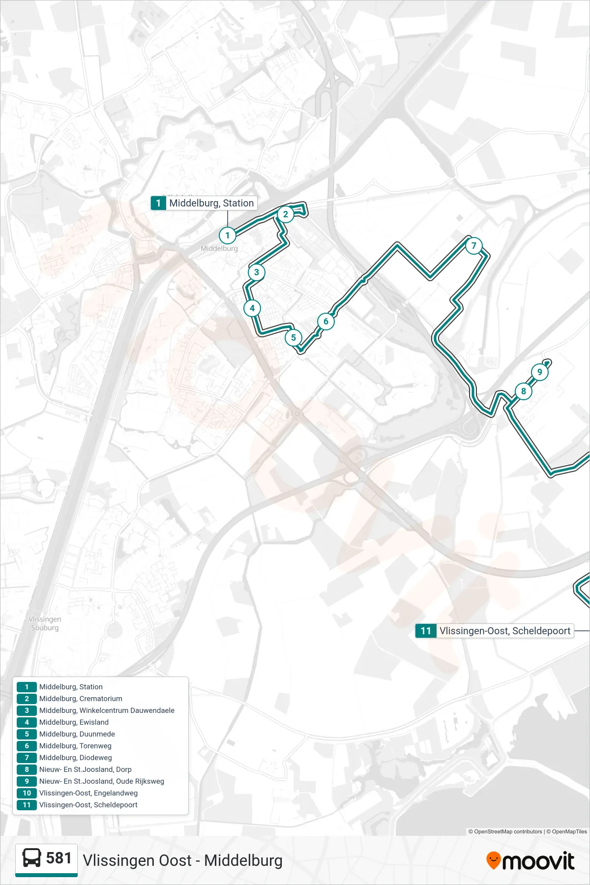 Lijn 581 (bus, Vlissingen-Oost Scheldepoort): route en haltes op de kaart