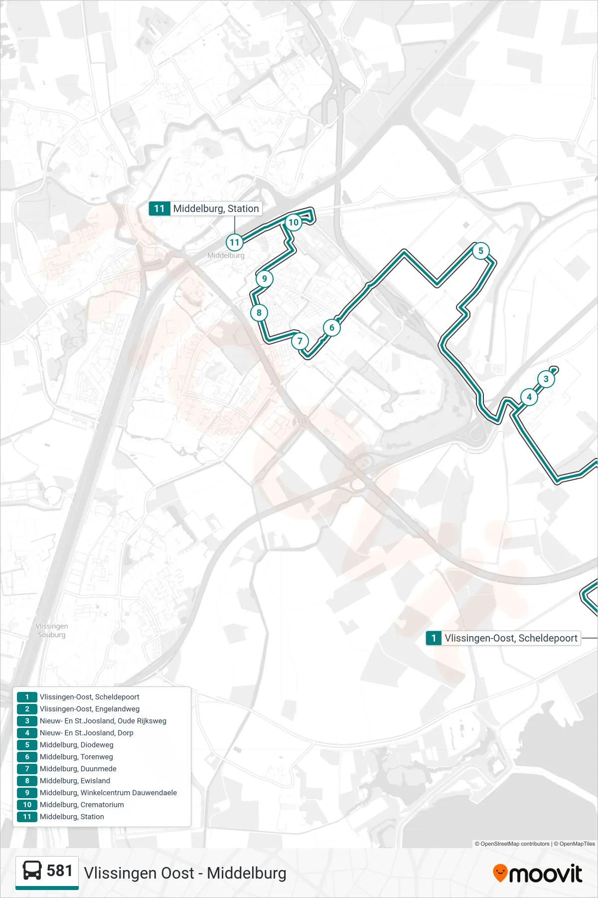 Lijn 581 (bus, Middelburg Station): route en haltes op de kaart