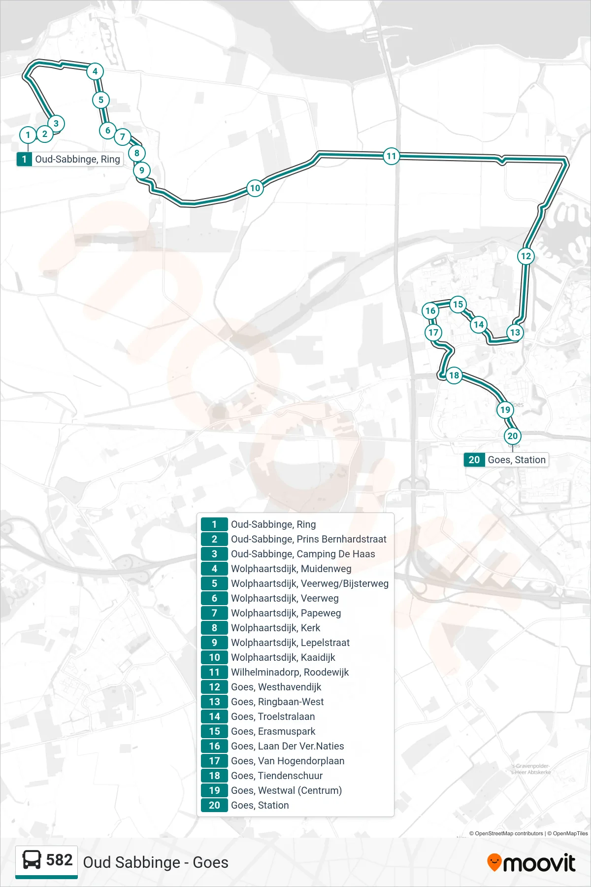 Lijn 582 (bus, Goes Station): route en haltes op de kaart