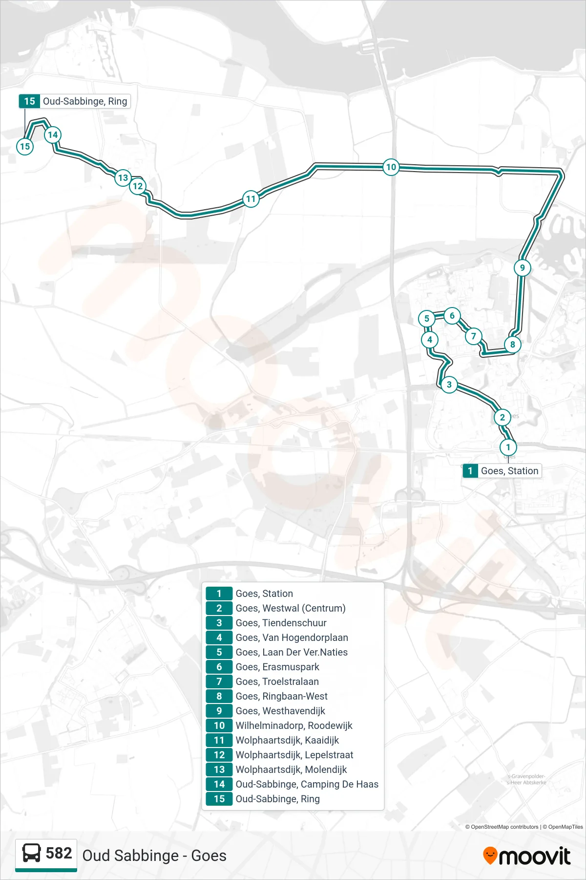 Lijn 582 (bus, Oud-Sabbinge Ring): route en haltes op de kaart
