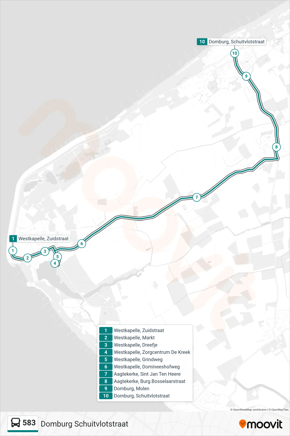Lijn 583 (bus, Domburg Schuitvlotstraat): route en haltes op de kaart