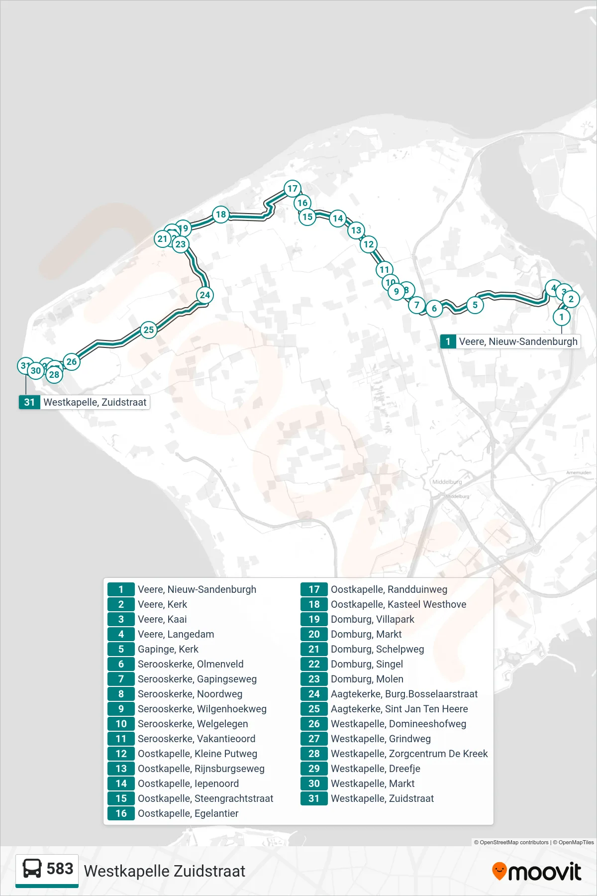 Lijn 583 (bus, Westkapelle Zuidstraat): route en haltes op de kaart