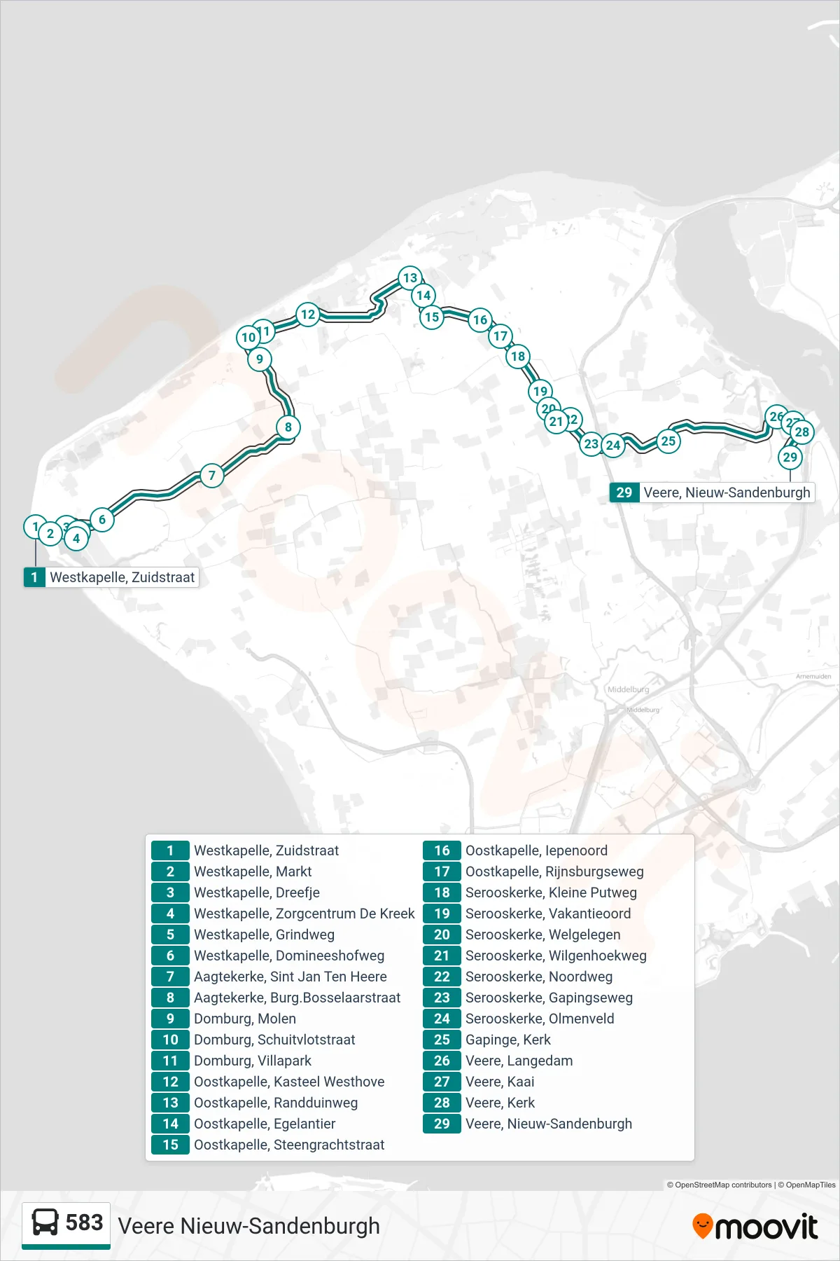 Lijn 583 (bus, Veere Nieuw-Sandenburgh): route en haltes op de kaart