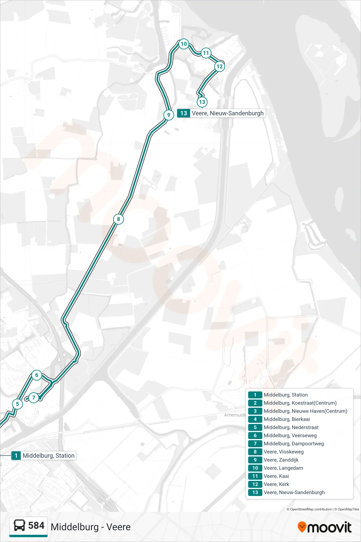 Lijn 584 (bus, Veere Nieuw-Sandenburgh): route en haltes op de kaart